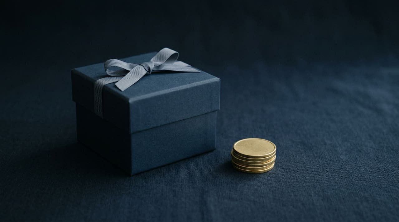 A plain gift box beside a small stack of blank tokens on a dark navy surface.