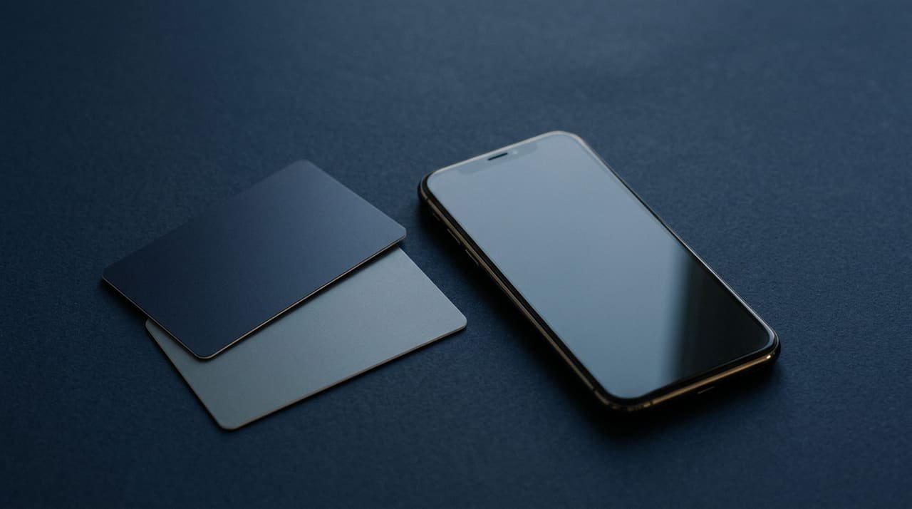 Two blank payment cards fanned beside a smartphone with a dark screen.